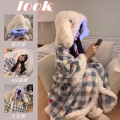 かわいい女の子用シナモロール柄パジャマ 秋冬用コーラルフリースフード付きナイトガウン 裏起毛厚手保温ケープ ホームウェア