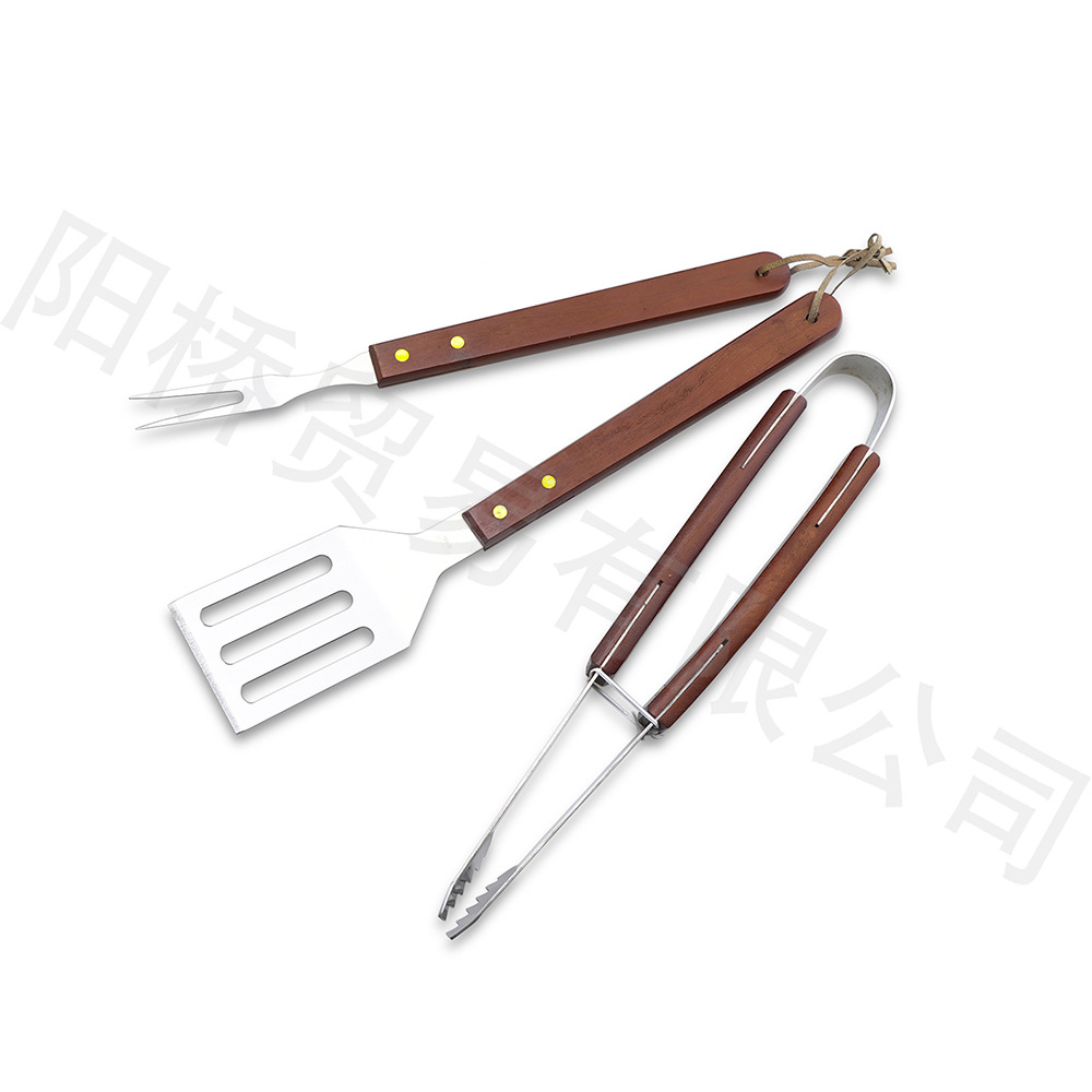 Mango de madera barbacoa tenedor pala clip combinación parrilla barbacoa al aire libre herramientas exportación Amazon portátil barbacoa conjunto de tres piezas