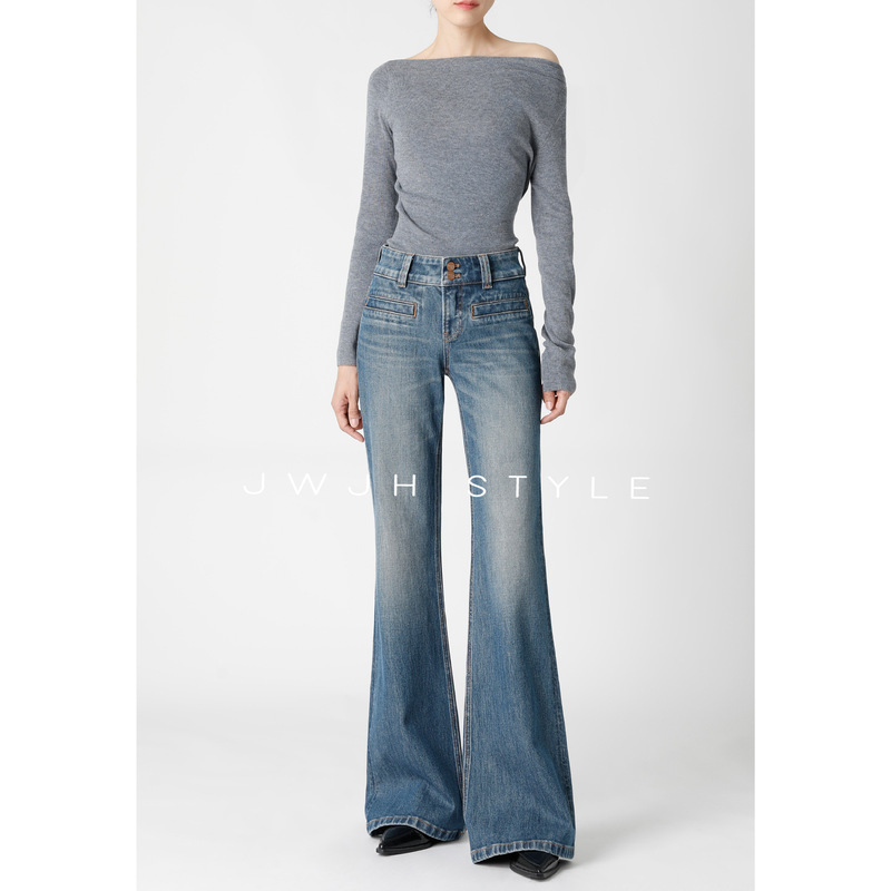 Lightly distressed, mid-low waist jeans, loose and relaxed fit for autumn and winter, straight-leg with a slight flare [private label manufacturing]