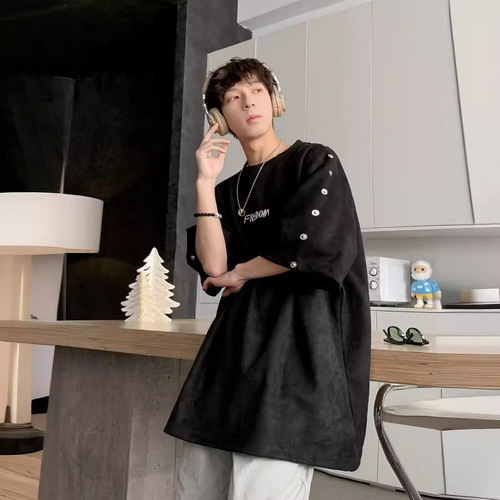 Men's Summer Heavyweight Cool Style Streetwear Design Fashion Niche Loose Casual 5 1/2 Sleeve T-Shirt