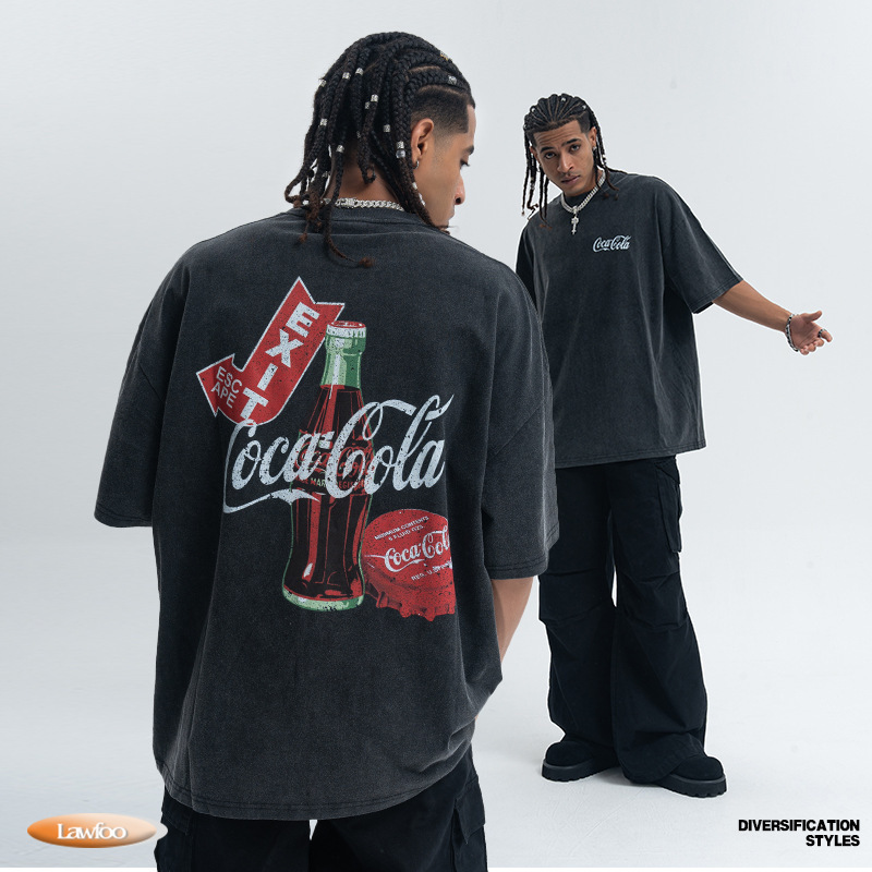 Lawfoo American Street Style Retro Washed Cola Letter Print Short-Sleeved T-Shirt for Men and Women Couple Tops
