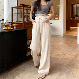 大朗毛衣工厂批发秋冬优雅淑女杏色高腰弹力抽绳针织直筒长休闲裤