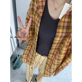 港味复古chic黄色格子衬衫女内搭叠穿宽松休闲百搭中长款衬衣外穿