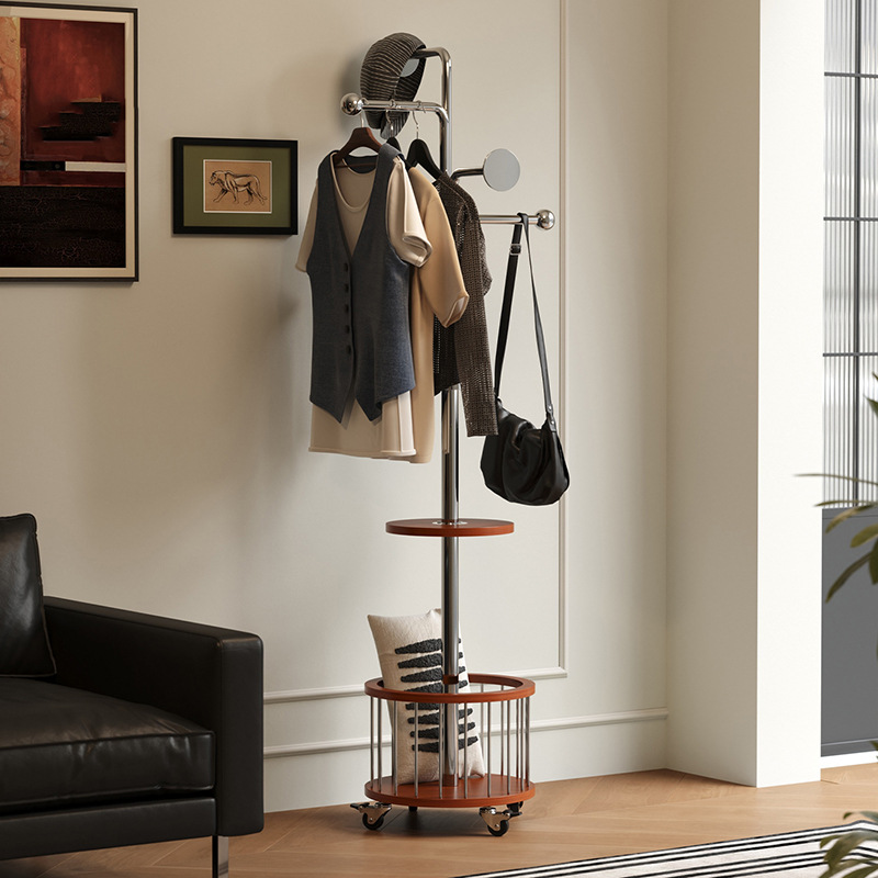 Solid Wood Bedroom Floor-Standing Clothes Rack, Multi-Functional Indoor Clothes Rack, Stainless Steel Movable Bedroom Floor-Standing Clothes Rack