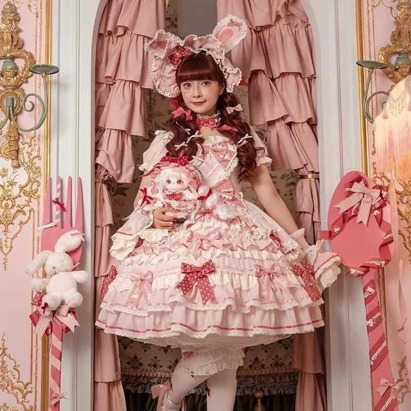 Платье-«one-piece» (Bow Rabbit × Aoki Misa) OP, цветочный и жемчужный декор, розовое лолита