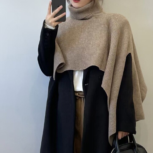 New knitted cape top—autumn and winter outerwear, Korean-style high-neck cape shawl, knitted waistcoat, solid-color pullover.
