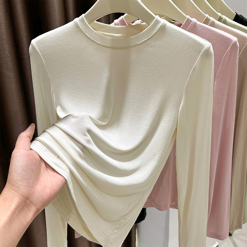 9 Colors in Stock, Ribbed Thermal Round Neck Base Shirt for Women, Suitable for Spring, Autumn, and Winter, Versatile Solid Color Long-Sleeve Top