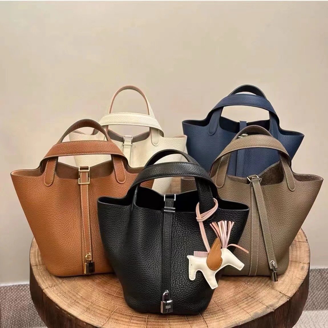 すべての手作りワックス糸縫製バスケットの女性バッグTCレイシ紋小牛皮18/22cm高級手提げバケツバッグ