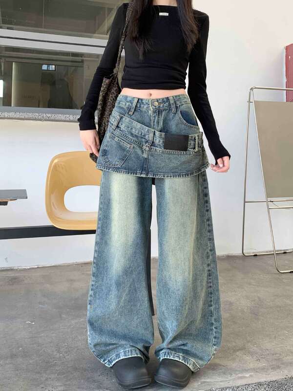 Real Shot of Large Size Washed Retro Fake Two-Piece Skirt Jeans for Women, Loose Straight Slimming Look Wide-Leg Pants