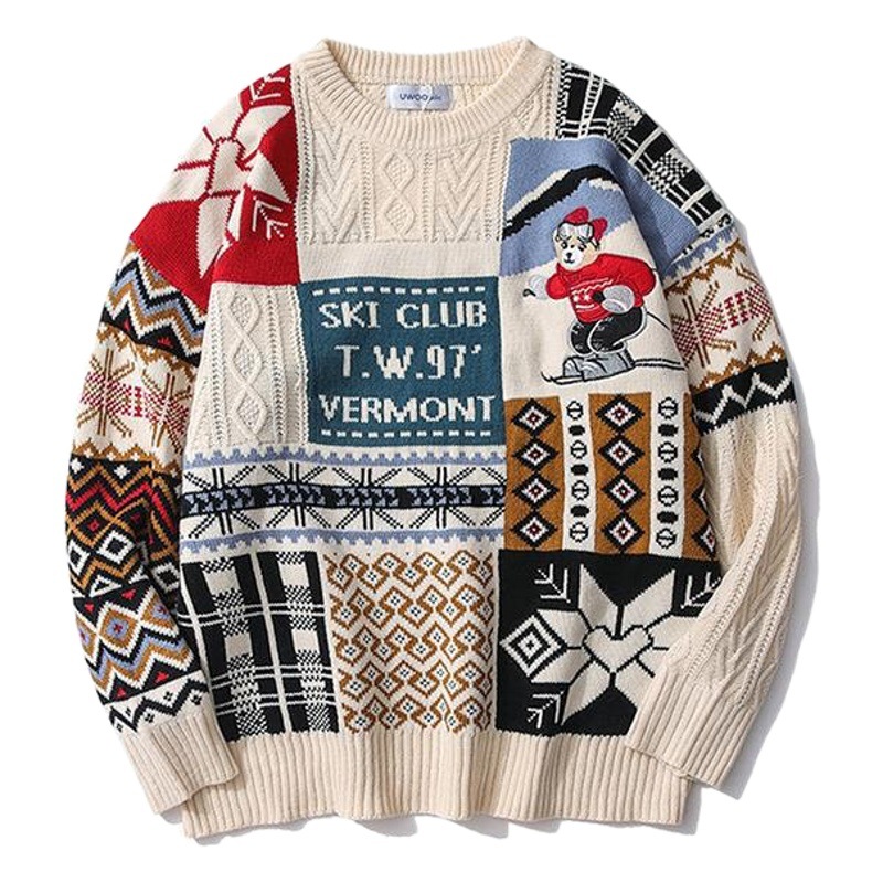 Navidad Hong Kong estilo retro oso suéter cuello redondo de los Hombres estilo perezoso suelta Otoño e Invierno ropa de punto de la pareja moda