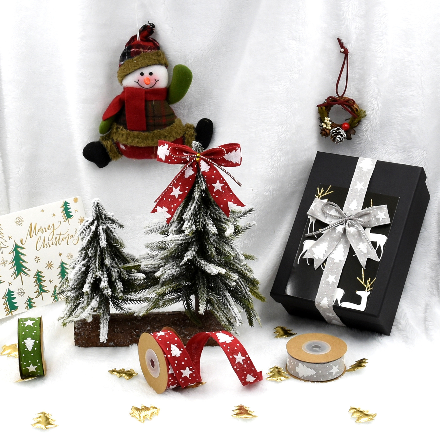 Transfronteriza Navidad nueva cinta de algodón impresa árbol de Navidad decoración regalo embalaje cinturón dos lados Alambre de hierro 5 yardas en stock