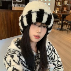冬季骑行护耳包头帽女时尚拼色针织帽子大头围保暖加厚毛绒毛线帽