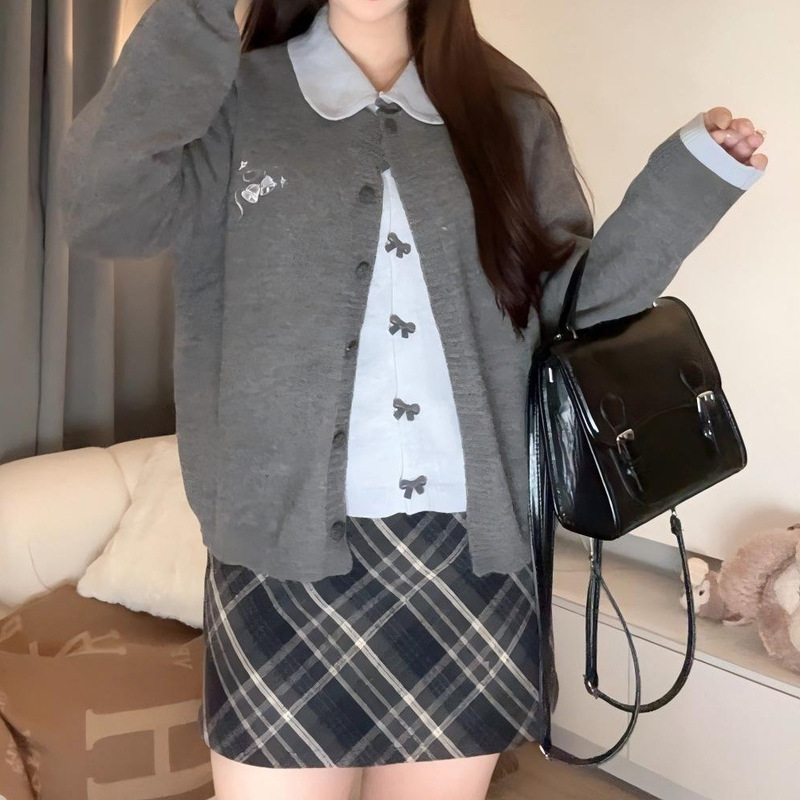 大码女装胖mm秋冬季新款设计感假两件刺绣毛衣翻领宽松显瘦上衣|undefined