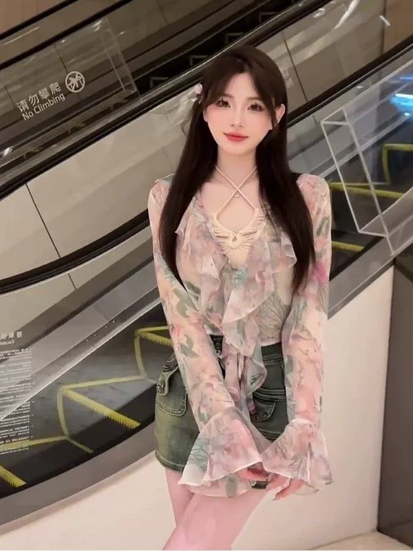 Сладкий уменьшающий возраст шифоновый солнцезащитный кардиган с принтом, Женский приталенный облегающий короткий внешний рукав-клеш в западном стиле с V-образным вырезом