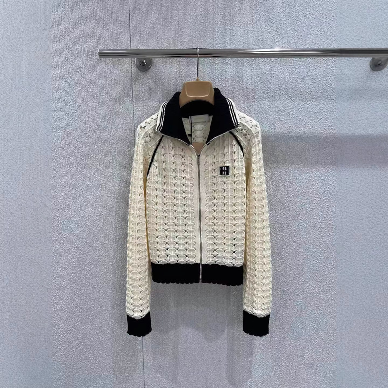Shenzhen Nanyou Lapel Color-Block Hollow Out Zipper Sweater for Women, Spring 2026 New Letter Logo Knitted Cardigan Jacket