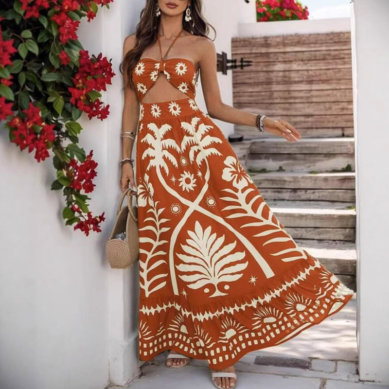 Cross-border foreign trade 2025 new European and American style summer women's printing fashion sexy waist hanging neck long dress