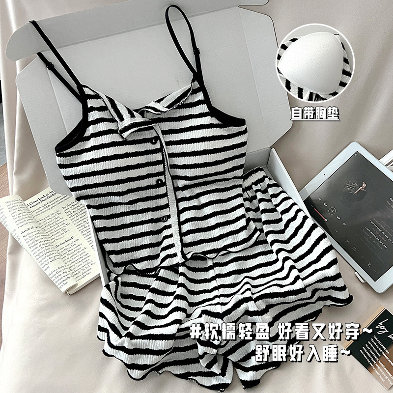 Modal Striped Camisole Pajamas Women's Chest Pad Simple Pure Style Summer Outgoing Home Clothes suit