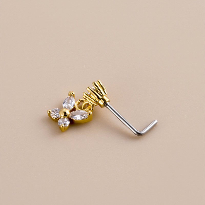 Butterfly Pattern 1 Piece 316L Stainless Steel Copper Zircon Nose Rings & Studs Butterfly Waterproof Non Tarnish Surgical Steel Ear Cartilage Rings & Studs Nose Pin