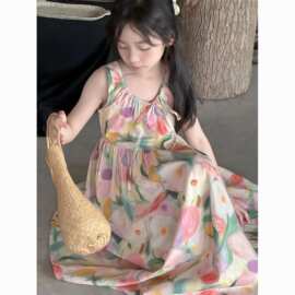女童韩系连衣裙夏季新款中大童油画风碎花背心裙儿童夏装度假长裙