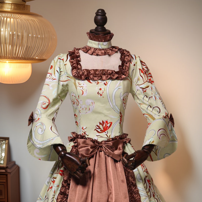 2023 European and American Export Long-Sleeved Printed Palace Retro Evening Dress with Large Bell Sleeves Amazon Dress Splicing