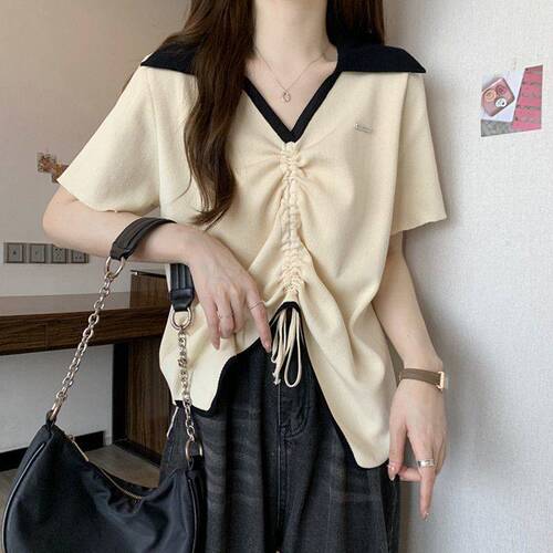 Plus size women's niche design drawstring short-sleeved T-shirt women's summer irregular belly-covering slimming top trendy