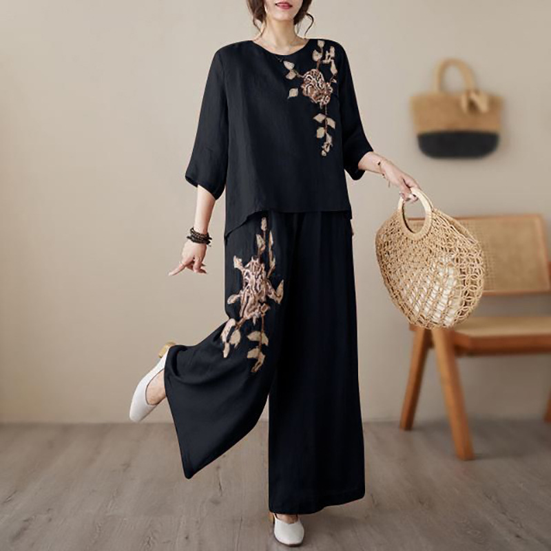Fashion Cotton and Linen Women's Suit Autumn New Summer Versatile European and Hong Kong Style Mid-Sleeve Long Pants Two-Piece Heavy Embroidery