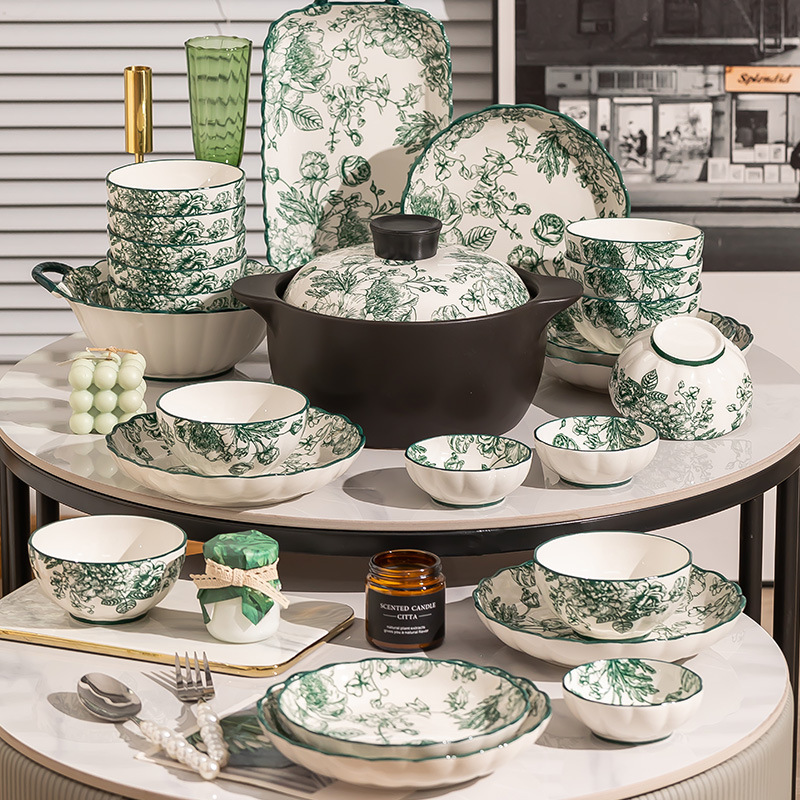 High-End Ceramic Tableware and Dishes Set Household Plate and Bowl Combination Small Fresh Summer New Underglaze Color Complete Set
