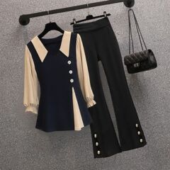 时尚套装夏季新款女士显瘦拼接上衣微喇裤气质遮肚显年轻两件套年