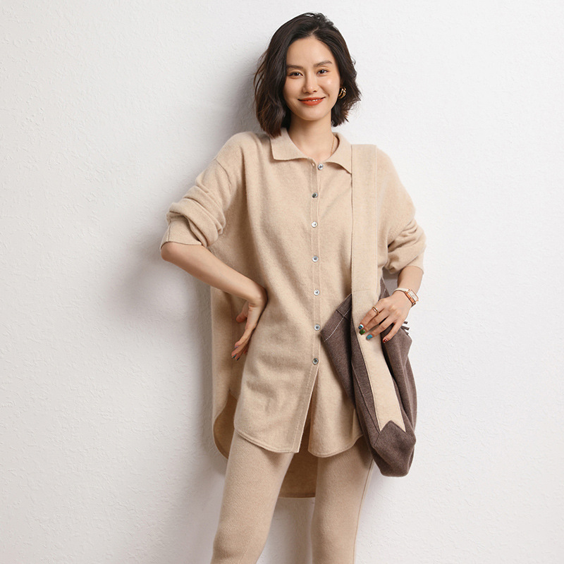 山羊绒衫2025秋冬新款女中长款衬衣POLO领开衫宽松针织毛衣外套