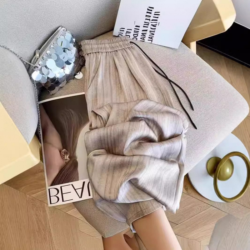 Ink Painting Striped Satin Lazy Style Ice Silk Casual Wide Leg Pants Women's Summer New Style Vertical Straight Trendy Pants