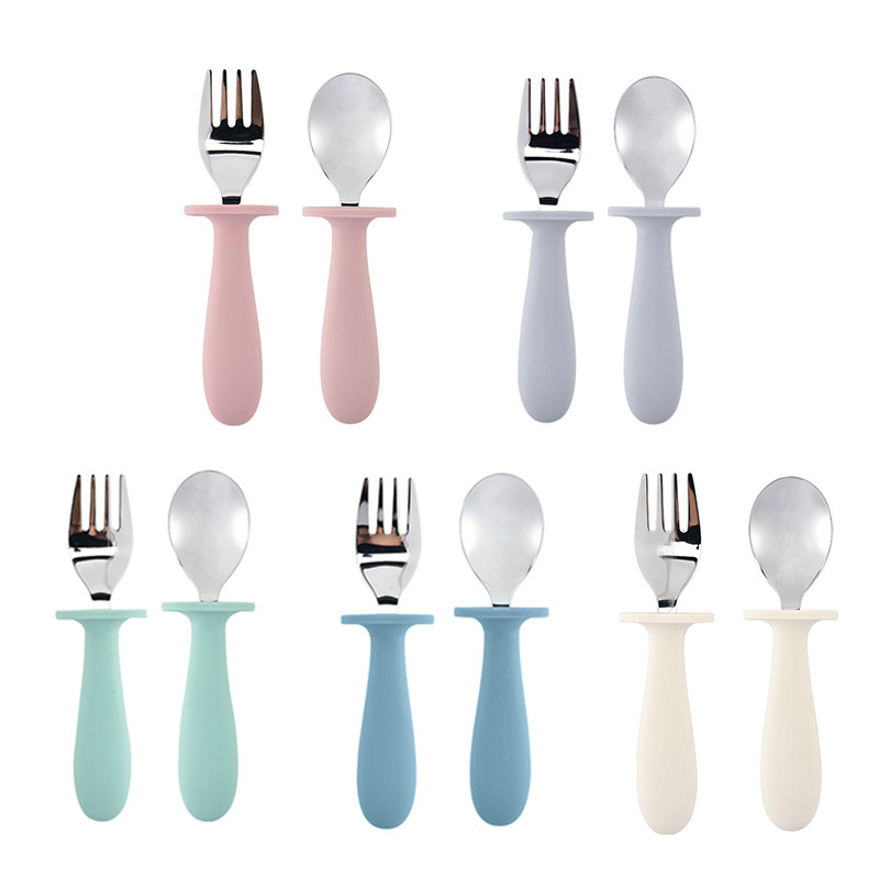 Cross mirror in stock children's 304 stainless steel fork spoon silicone long handle infant feeding tableware suit Cross mirror in stock children's 304 stainless steel fork spoon silicone long handle infant feeding tableware suit