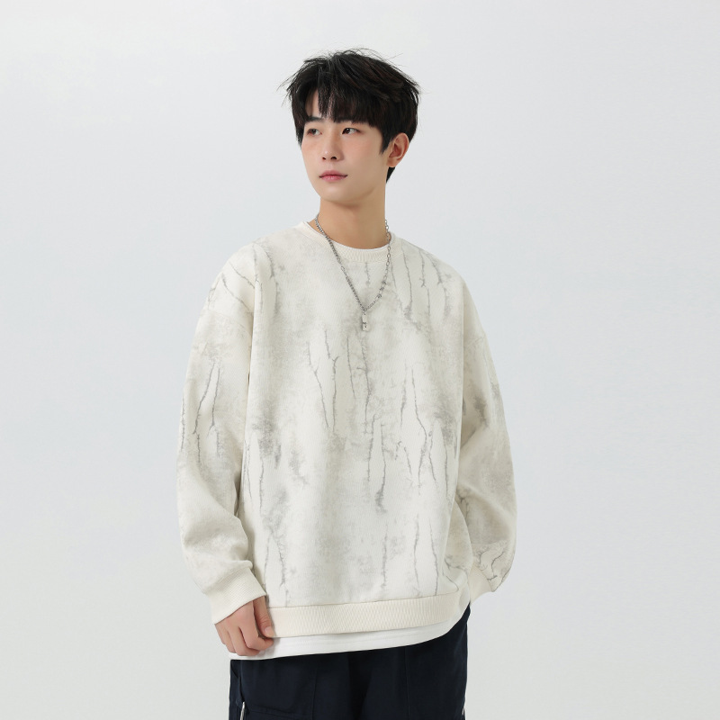 Kunhai Pengyun Men's Heavyweight Trendy Brand Retro Tie-Dye Fake Two-Piece Sweatshirt for Men, Autumn Youth Loose Jacket for Winter