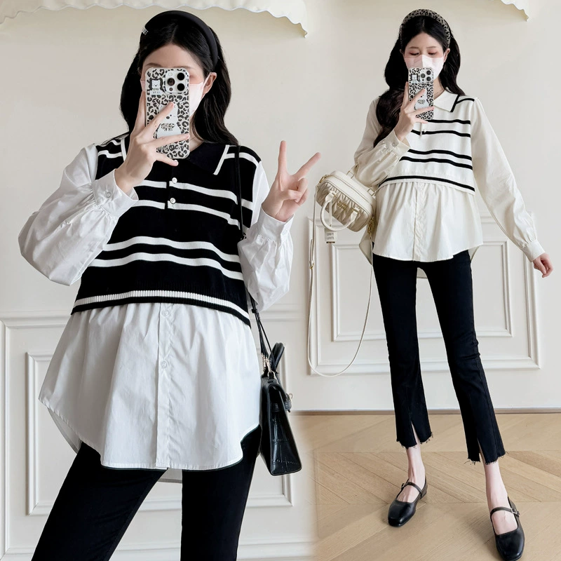 2025 весенний наряд для беременных женщин прилив темпераментный топ в полоску поддельные две рубашки