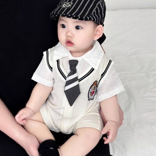 Baby's Summer Thin Clothing, Baby Short-Sleeve Outing Bodysuit, Pure Cotton, 100th Day College Hairy Climbing Suit