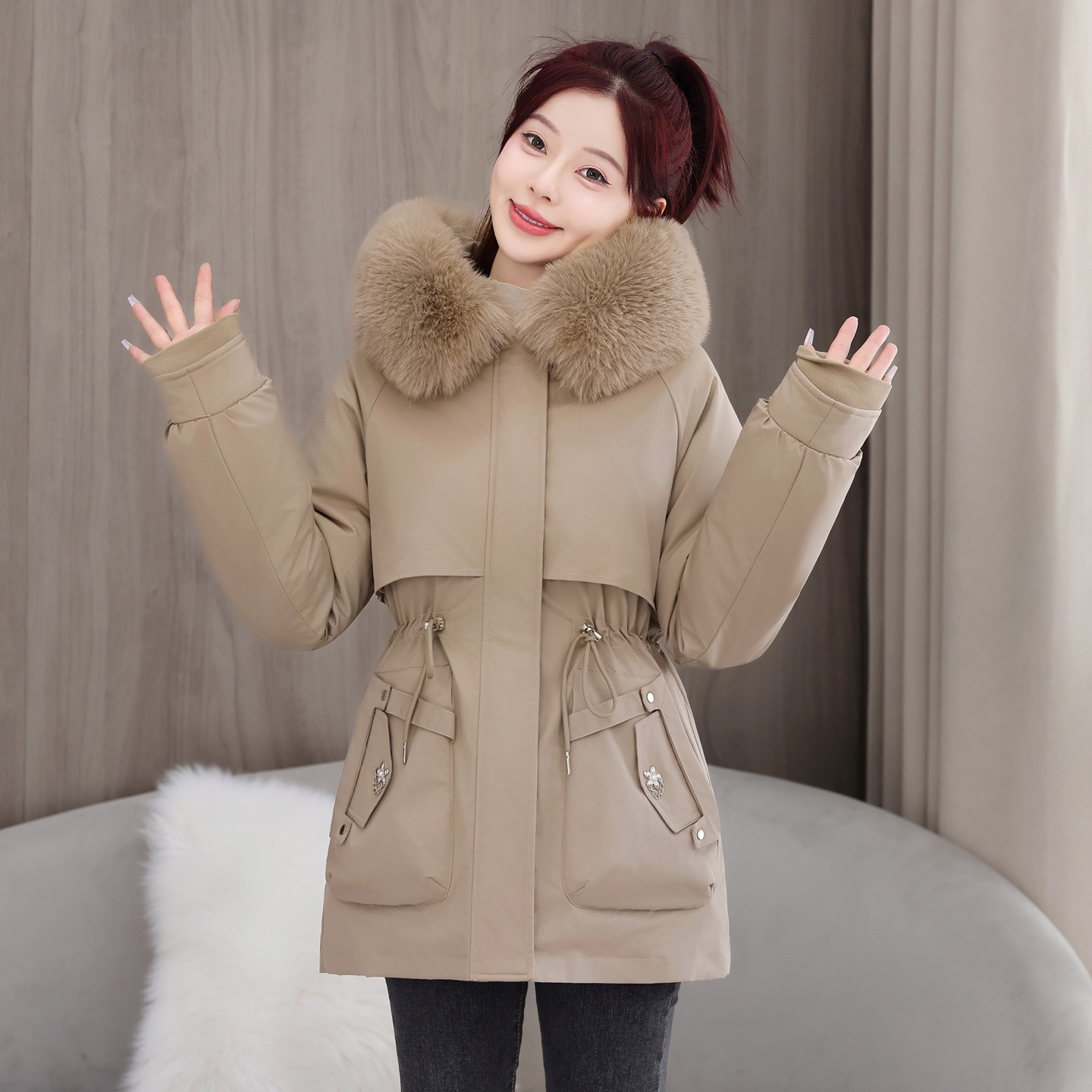 American Style Three Wear Over Peak desmontable ropa de algodón de invierno de mujeres cuello de cabello coreano medio largo chaqueta de algodón gruesa suelta image 8