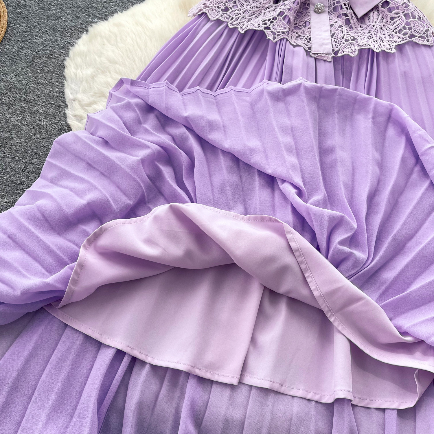 Elegant A-Line Dress Lace Trim Slimming Pleated Long Skirt Casual Professional Summer Dress For Women_ecoleips.com