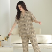 夏季新款莫棉女士短袖长裤开衫翻领睡衣甜美休闲女家居服图片色
