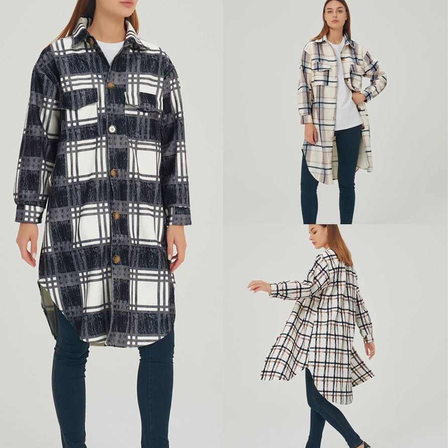 2021 Autumn and winter new pattern Cross border Women's wear Independent wish Amazon Long sleeve lattice printing shirt Woollen cloth coat