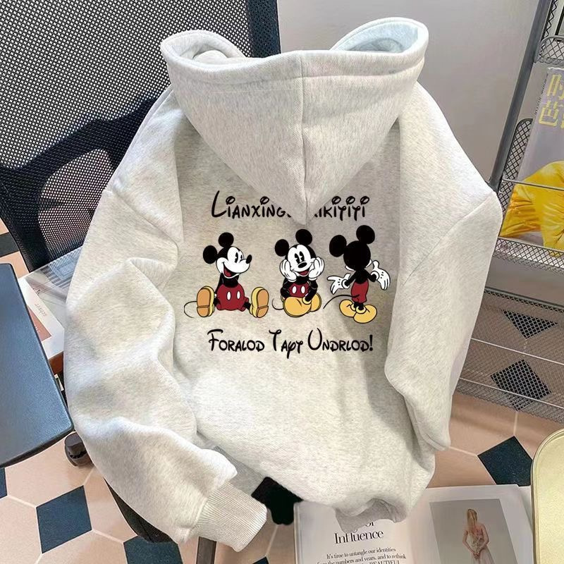 American Trendy Brand Mickey Mouse Hooded Sweatshirt for Women 2025 Autumn and Winter New Loose Velvet Thickeneded Top Jacket