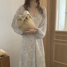 韩国chic秋季法式仙女裙V领雪纺碎花两件套褶皱收腰显瘦连衣裙女