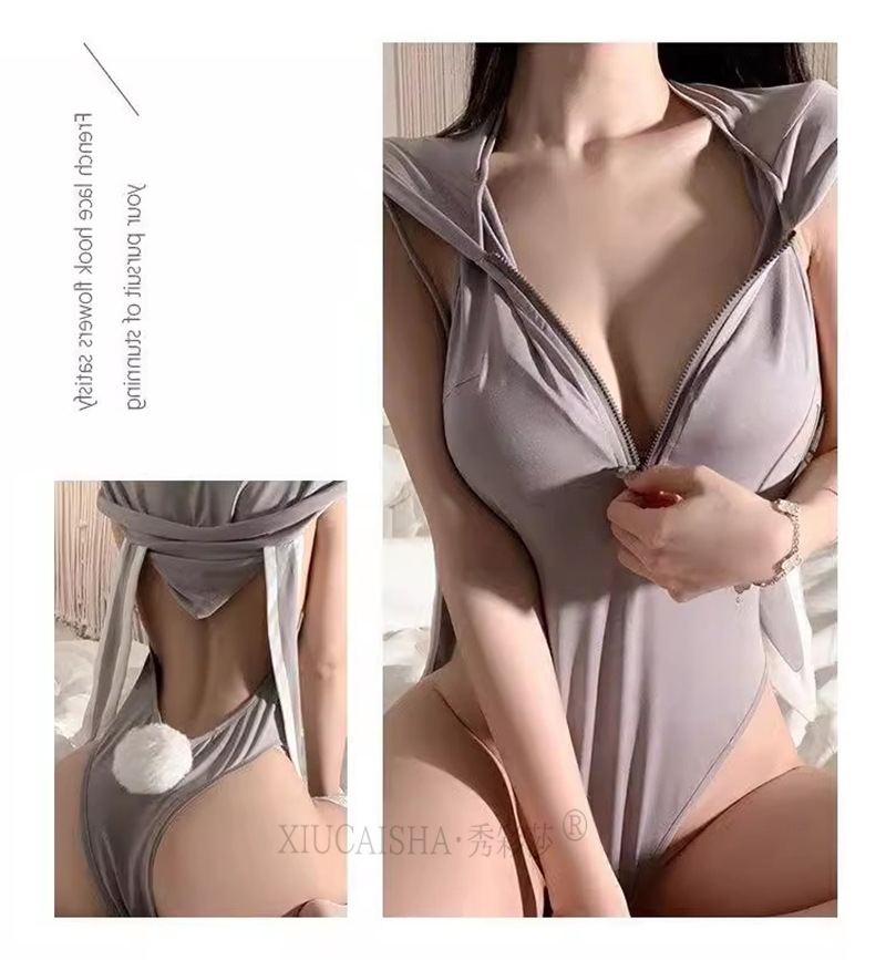 Bunny Girl Costume Set with Deep-V Backless One-piece and Black Stockings — detail image 6