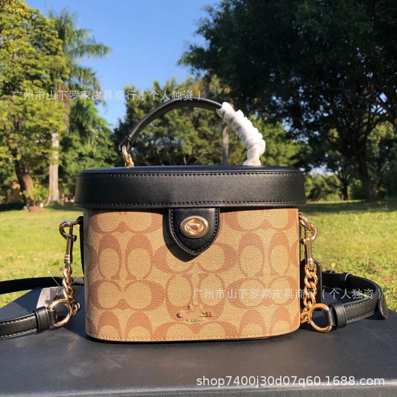 2025C Kay Makeup Box Bag with Monogram Pattern, Color-Blocking, Single Shoulder Crossbody Handbag with Chain, Small Round Bag, Light Luxury