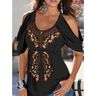 2025 Export Summer New Wish Independent Station Popular Loose V Neck Pleated Printed Off-Shoulder Women's Short-Sleeved T-Shirt