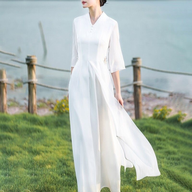 2025 New Summer Classy Fashion Ethnic Style Embroidered Chiffon Dress Improved Han Dynasty Cheongsam Slim Long Skirt