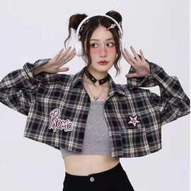 2025春美式复古格子衬衫女长袖外套秋季通勤开衫开衫短款衬衣日系