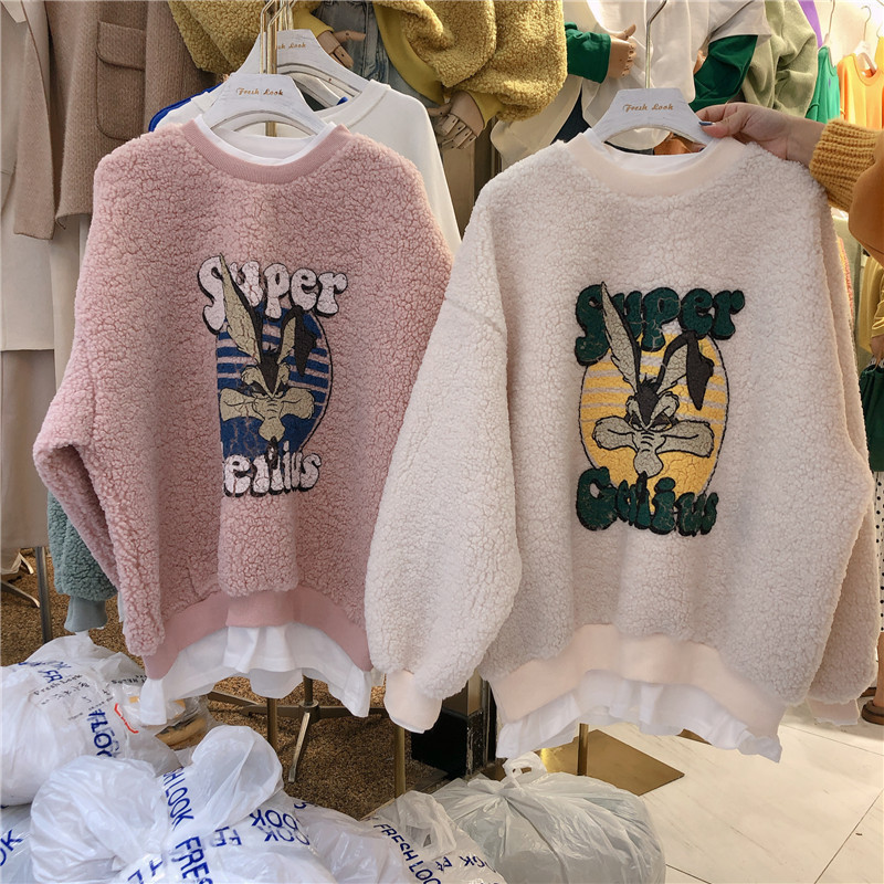 Little Shikin’S Big Shopping Explosion Version Fake Two-Piece Lamb Wool Loose Sweatshirt for Women