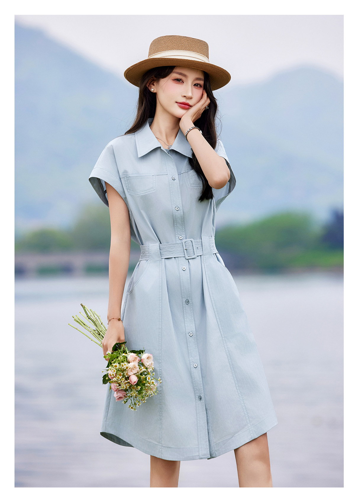 Đầm polo nữ cổ bẻ thắt eo dáng suông midi mùa hè — màu xanh nhạt, màu trắng ngà chi tiết 16