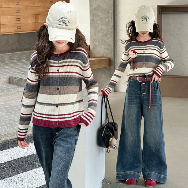 Zhili children's clothing girls' set 2026 new spring fashion children's knitted cardigan sweater girls' jeans