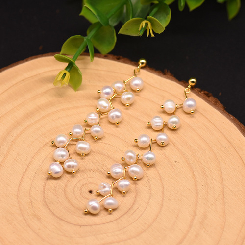 天然淡水珍珠耳环高级感长款耳钉流苏复古手工耳饰品镀18k金保色