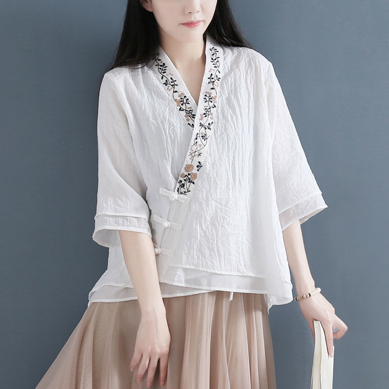 Women's Cotton Shirt, New Spring and Summer Style, Loose Fit, Slimming, Plus Size, Elegant V-Neck, Casual Short-Sleeve Top